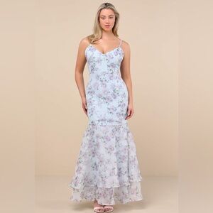New Lulu's Pure Splendor Light Blue Floral Organza Trumpet Maxi Dress